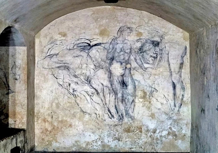 etchings by Michelangelo in a room beneath the tomb