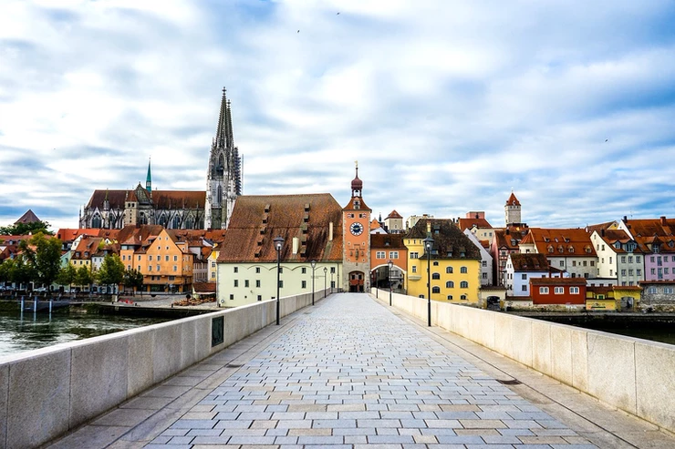 view of the entrance to Regensburg's old town from Stone Bridge