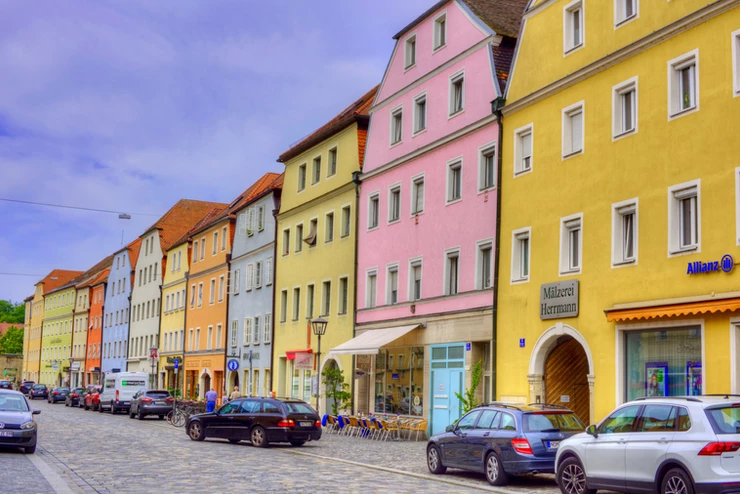 colorful houses on the main drag in Stadtamhof in Regensburg Germany