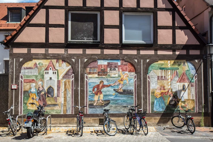 murals on the facade of a house n Bamberg