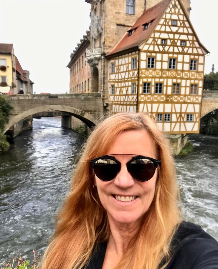 standing on Geyerworthsteg Bridge for the classic panorama of Bamberg's old town hall