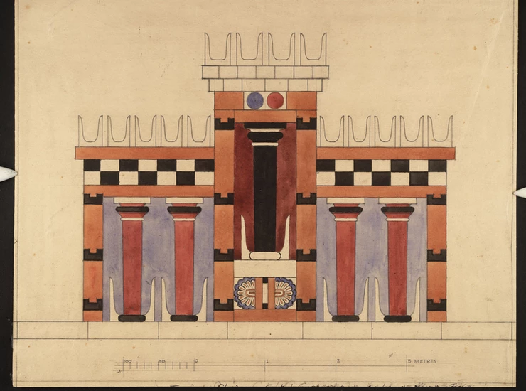 “Imaginary Restored Elevation of the Central Court,” a watercolor by an unidentified artist reinterpreting the Columnar Shrine, Central Court, Knossos, from the early 20th century.Credit...Ashmolean Museum, University of Oxford