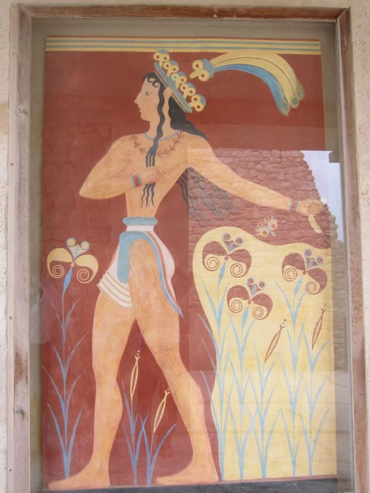 the "Prince of Lilies" fresco -- It's mostly a recreation. Minoan men didn't wear their hair that way.  