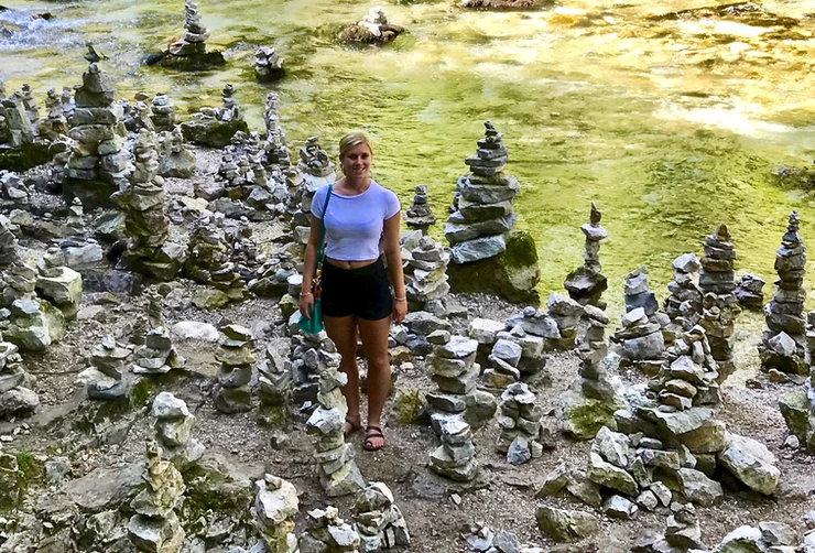 my daughter among the rock formation at Vintgar Gorge