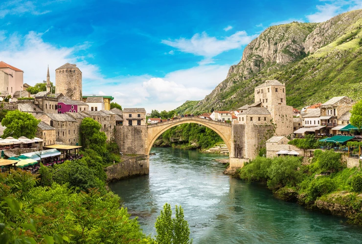 the ancient hump backed bridge in Mostar Bosnia