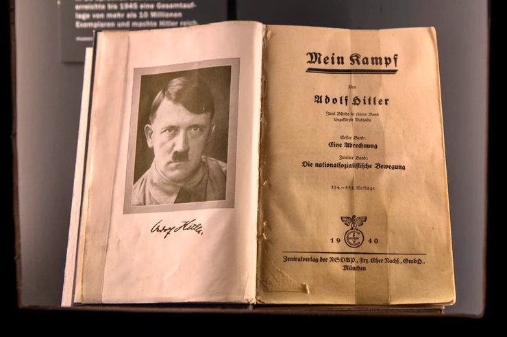 An original edition of Mein Kampf - the infamous book by Adolf Hitler, on display at the Documentation Center