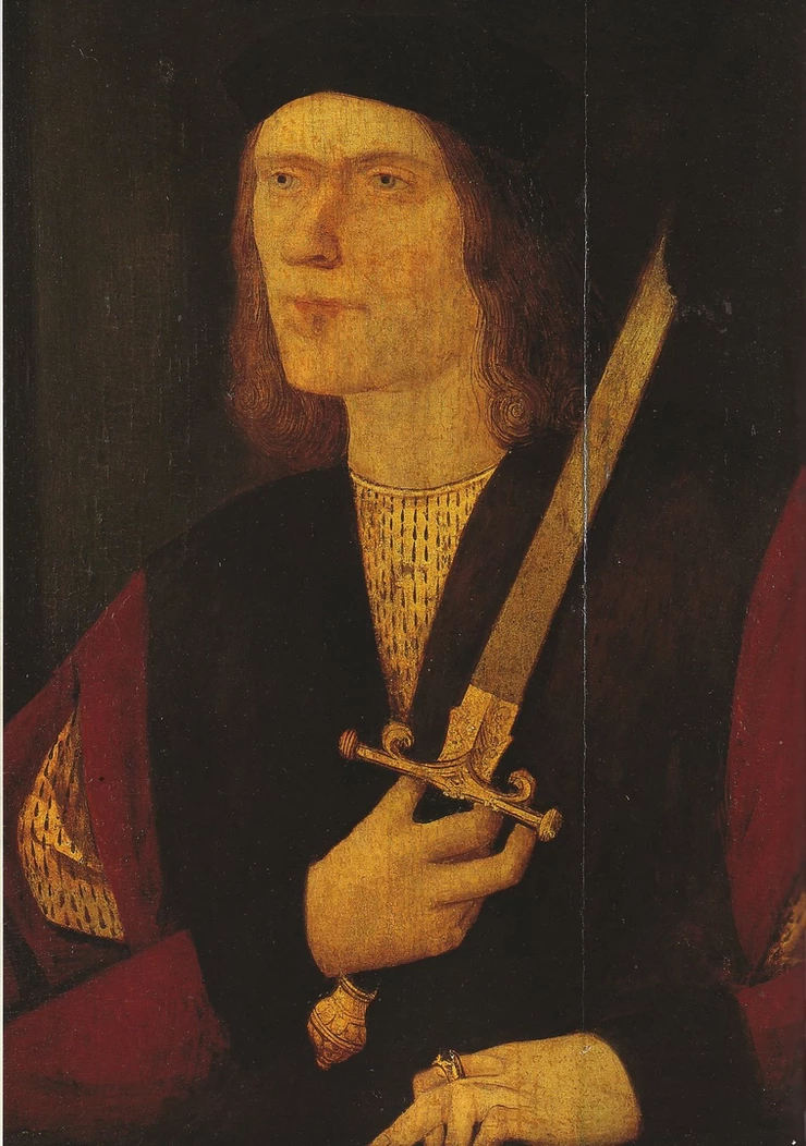 the "Broken Sword" portrait of Richard III -- a Tudor era portrait inaccurately showing him with a crazy lopsided shoulders and a withered hand