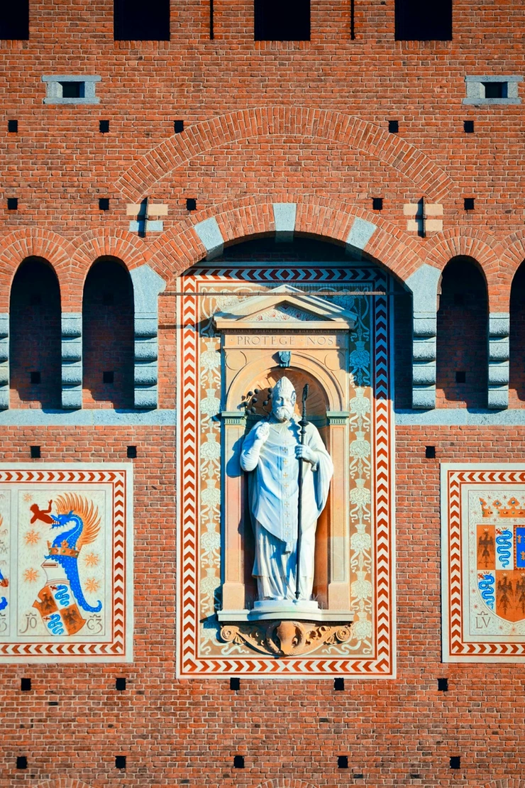 sculpture of St. Ambrose on the facade of Castle Sforza