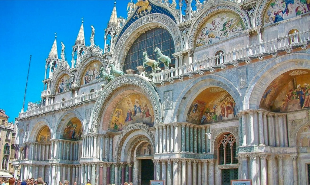 St. Marks Basilica with the bronze horse Quadriga, a must visit landmark in Venice