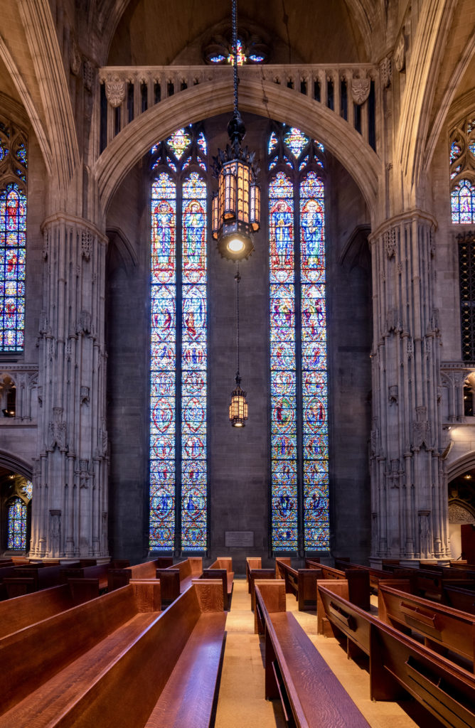 stained glass windows inside Heinz Chapel