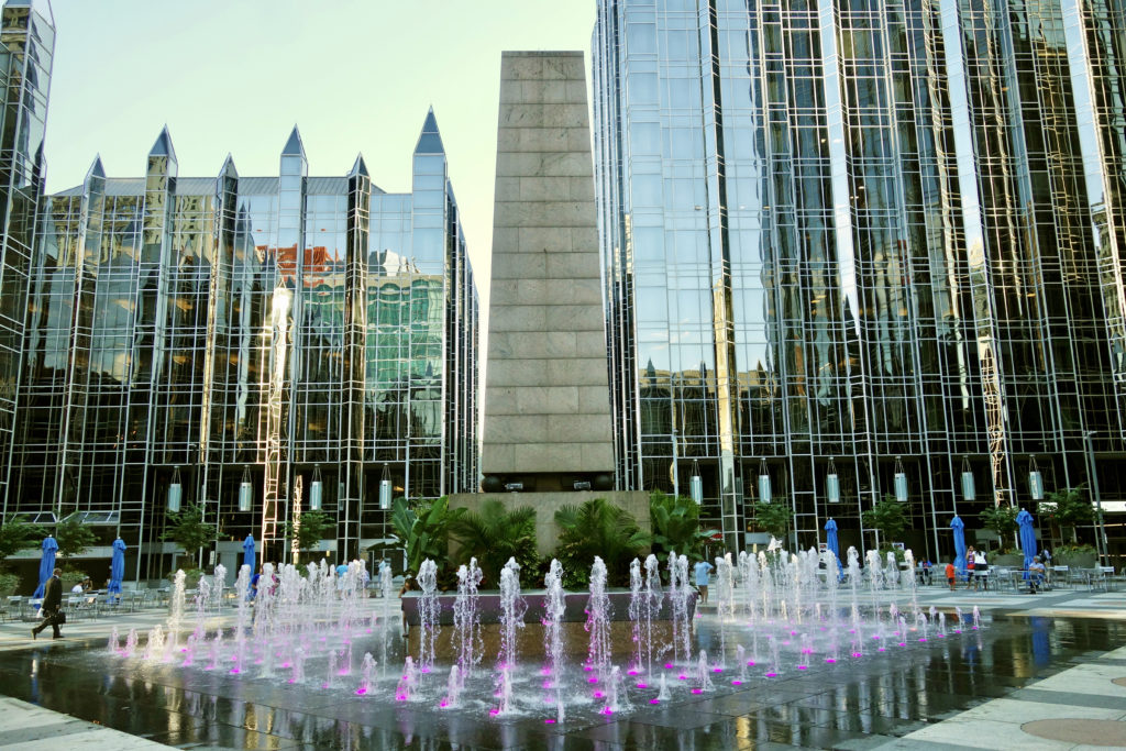 the unique fountain at PPG Place, one of the best things to do in downtown Pittsburgh