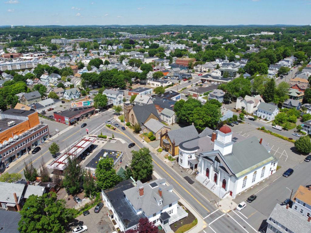 aerial view of homes on Cabot Street in historic Beverly