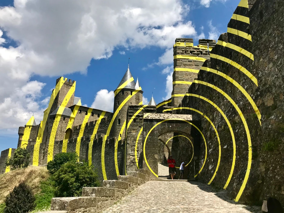 Felice Varini installation on the walled medieval city of Carcassonne France