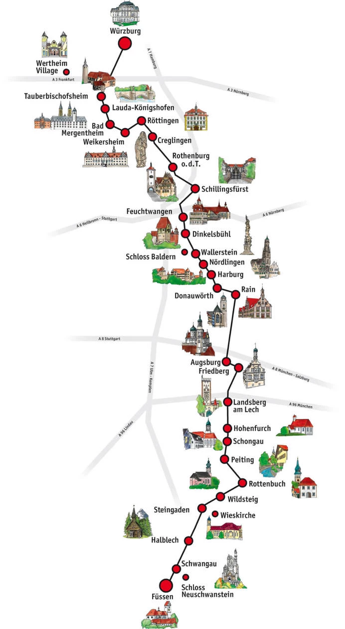 Map of the sites you'll find on the Romantic Road. I choose the best 10 that you can't miss.