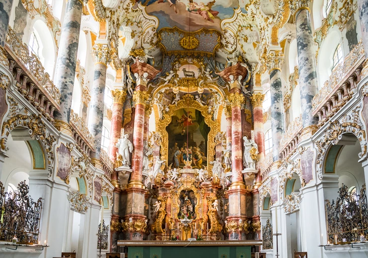 wall and ceiling frescoes of Wieskirche church, a top attraction on the Romantic Road