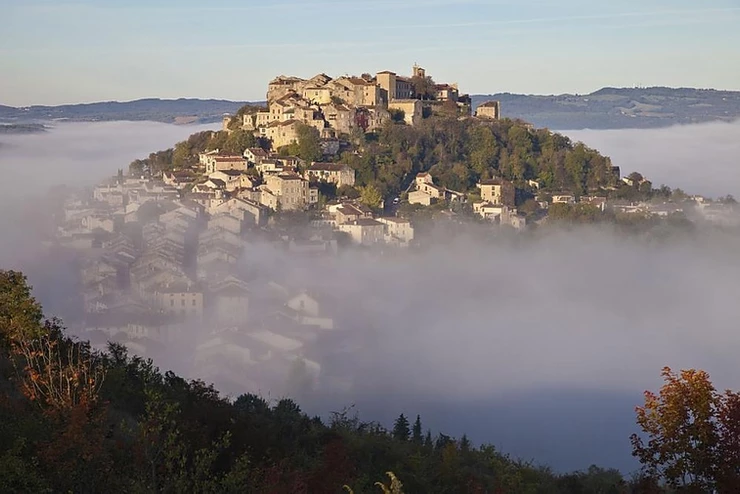 the hilltop village of Cordes Sur Ciel in the Occitanie region of France outside Toulouse