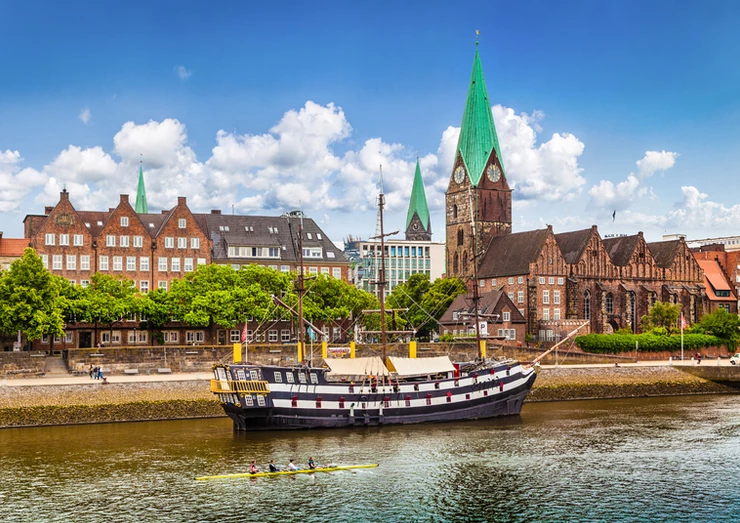 Historic town of Bremen Germany with old sailing ship on Weser River in Germany