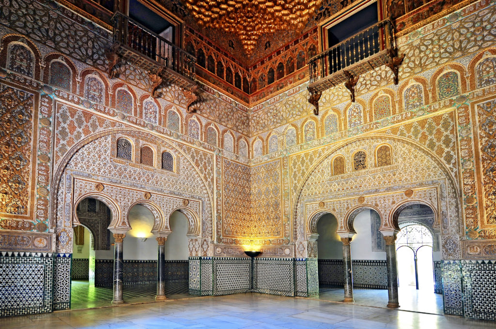ornate interior of the Hall of Ambassadors in the Royal Alcazar 