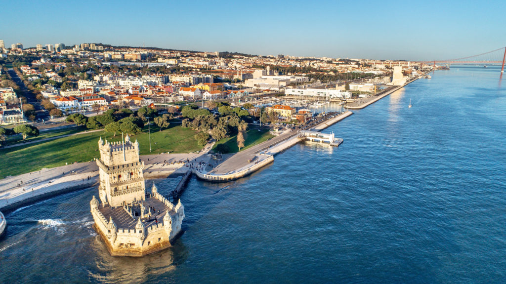 aerial panorama of Belem Tower and Belem district 