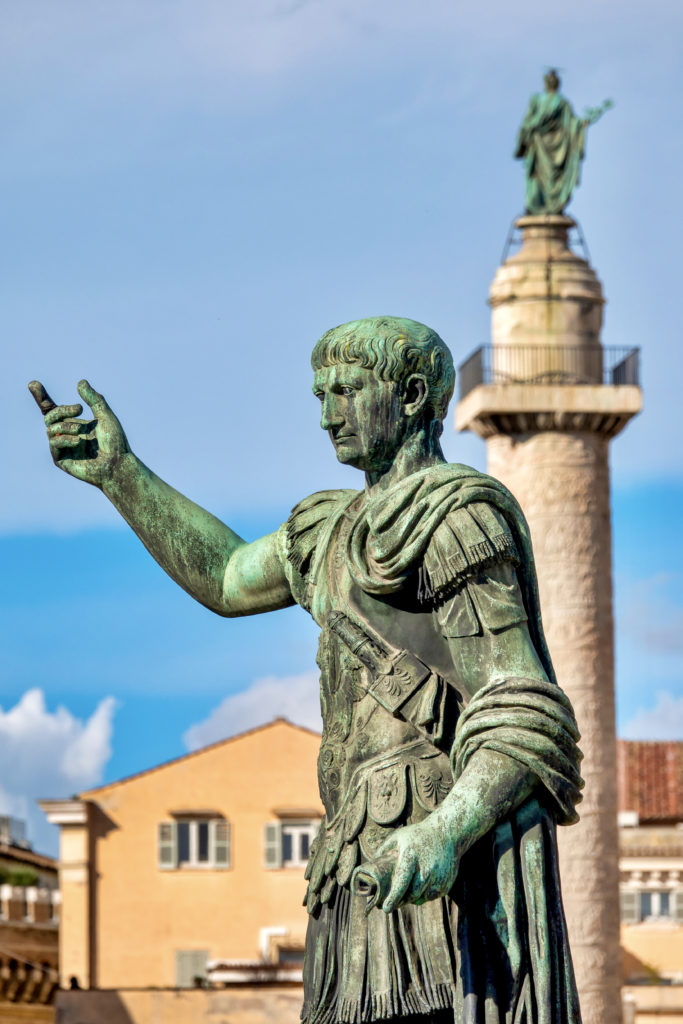 Statue and Column of Emperor Trajan in via dei Fori Imperiali, Rome Italy