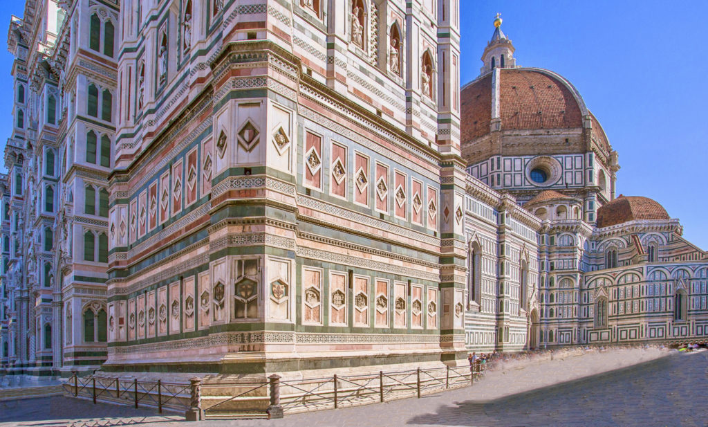 pink and green marble facade of Florence Cathedral