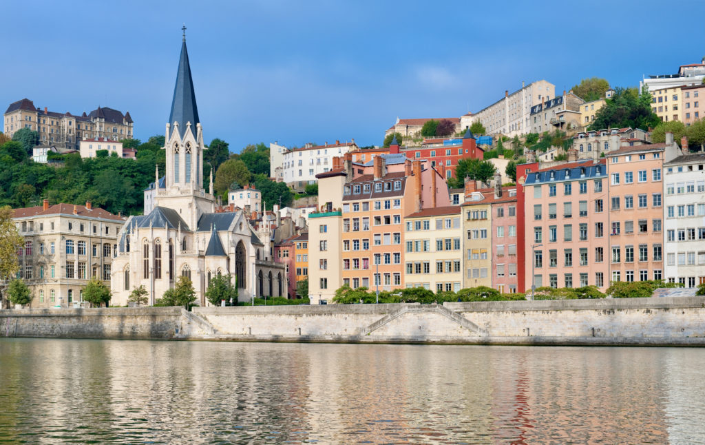 beautiful colorful houses on the river embankment in Lyon