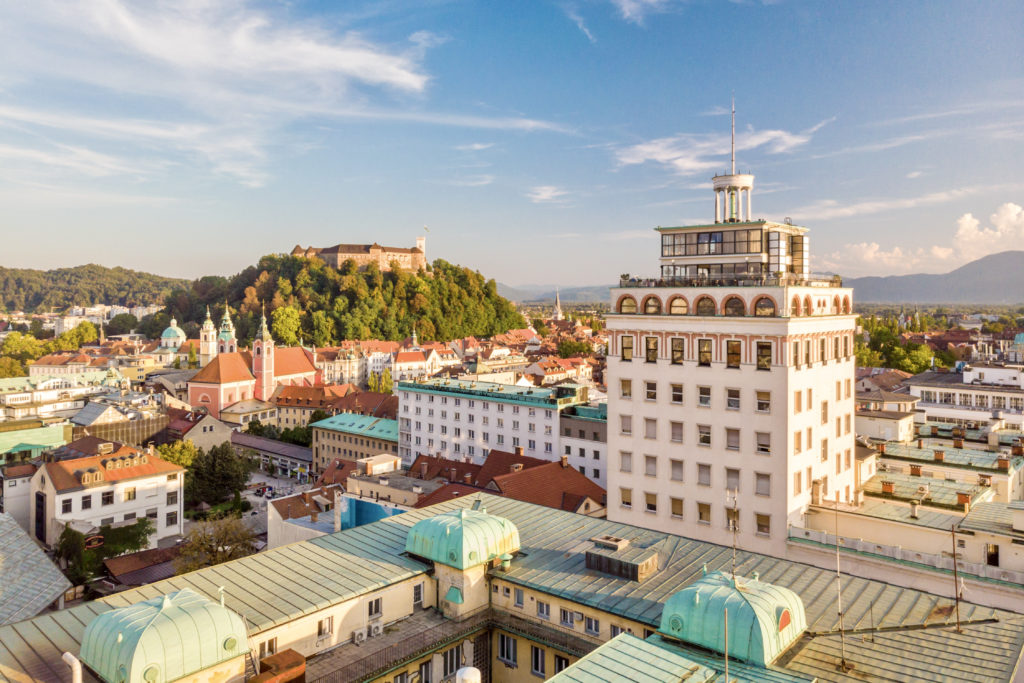 panoramic view of Ljubljana, with the Skyscraper on the right