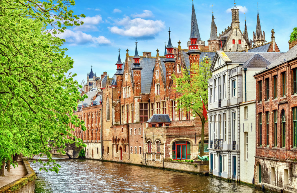 beautiful buildings on the river in Bruges Belgium