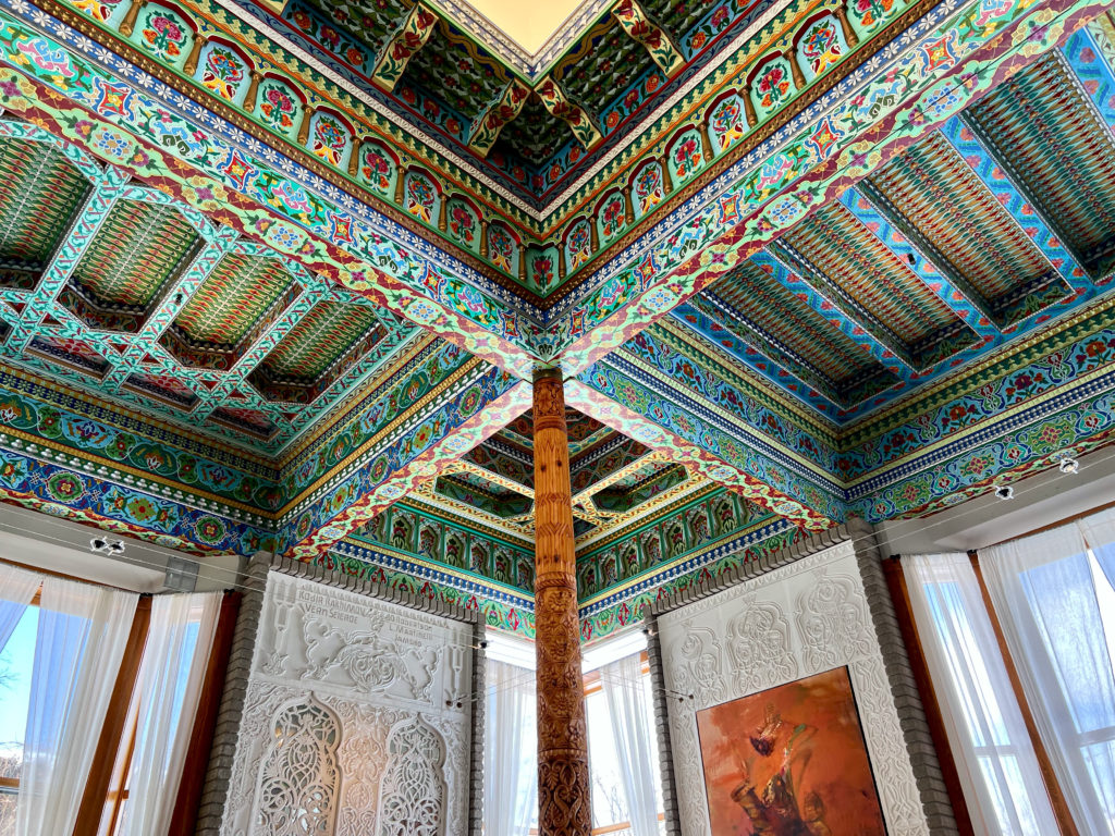 intricate ceiling of Dushanbe Tea House