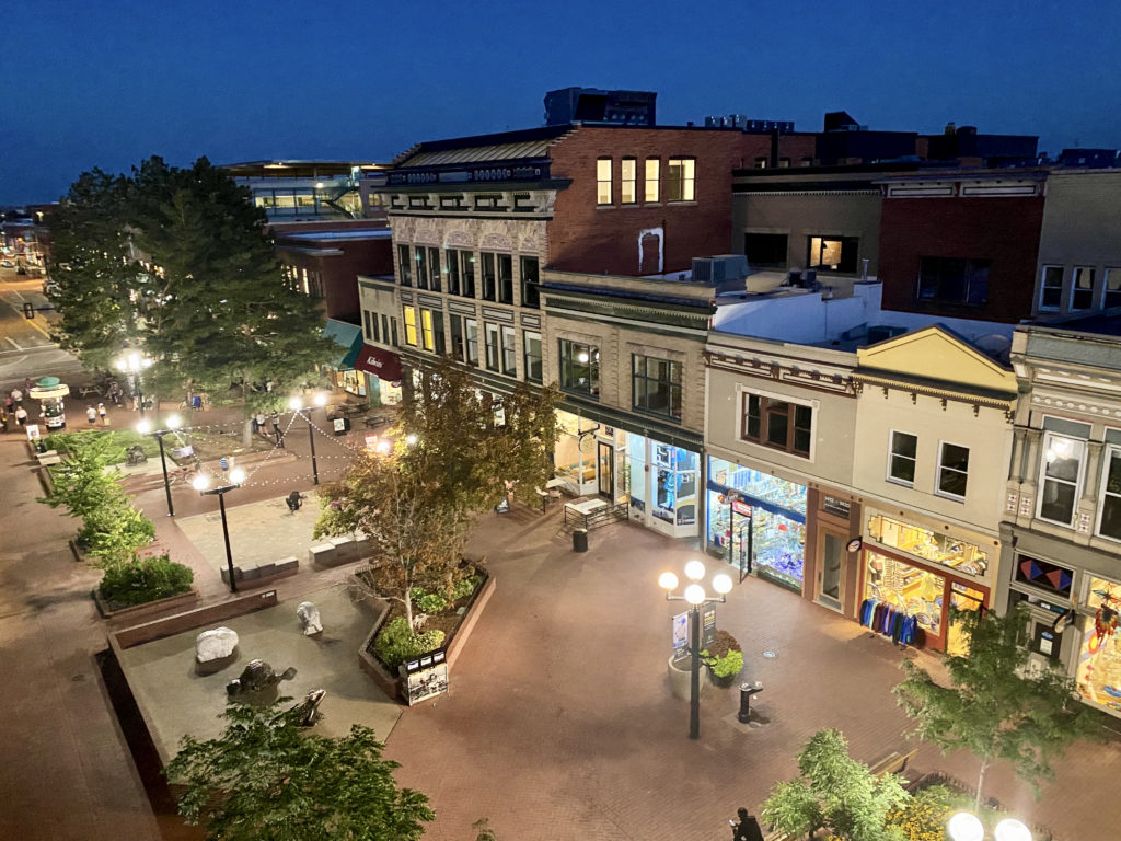 view of Pearl Street Mall from the rooftop bar of Avanti