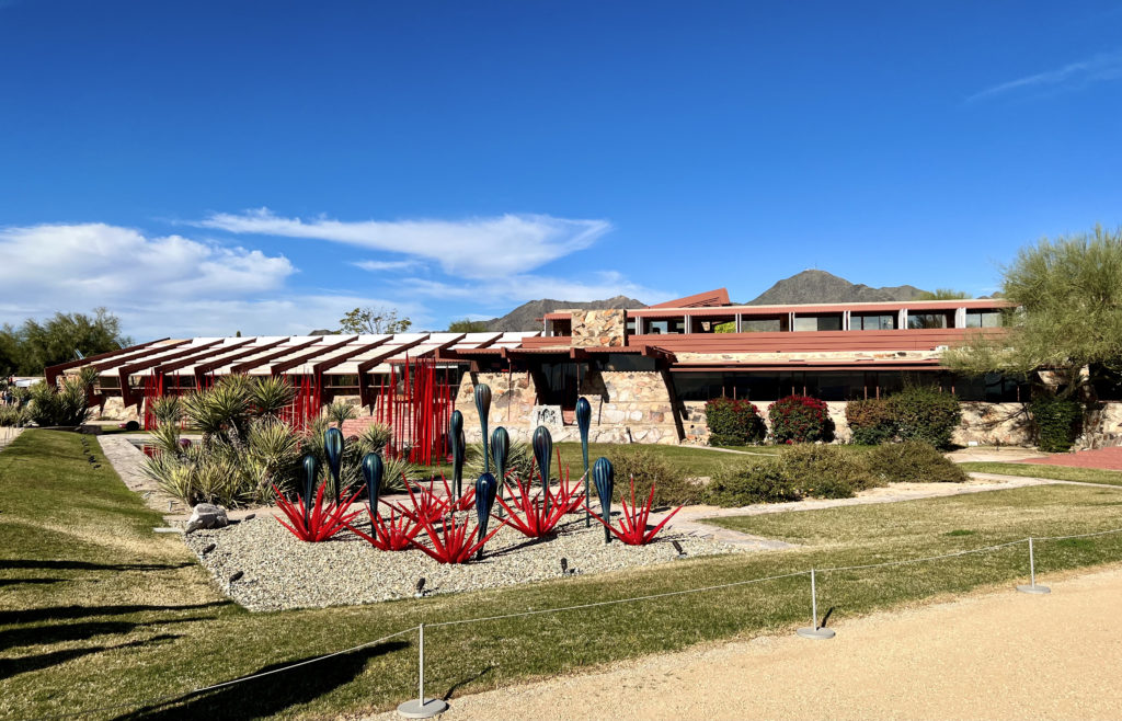 Chihuly sculpture Black Saguaros and Scarlet Icicles, on the Studio Lawn