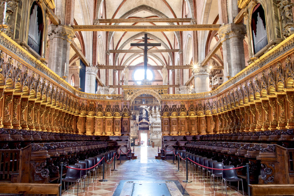 interior wooden choir for the monks in the Frari