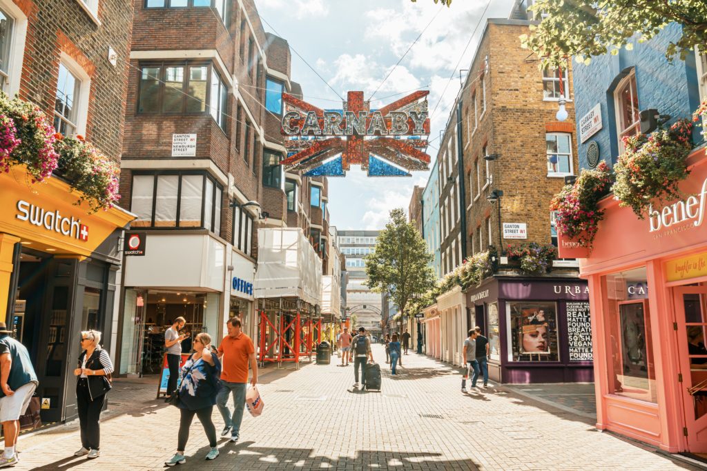 Carnaby Street, a pedestrianized shopping street in Soho 