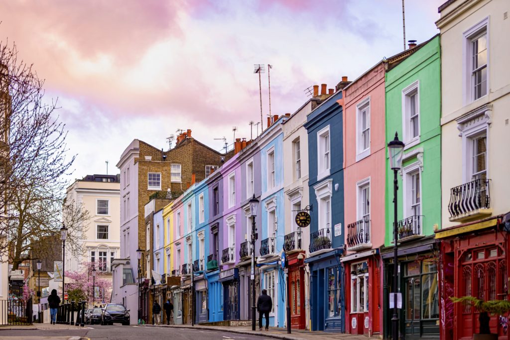 pastel houses in the Notting Hill neighborhood of West London
