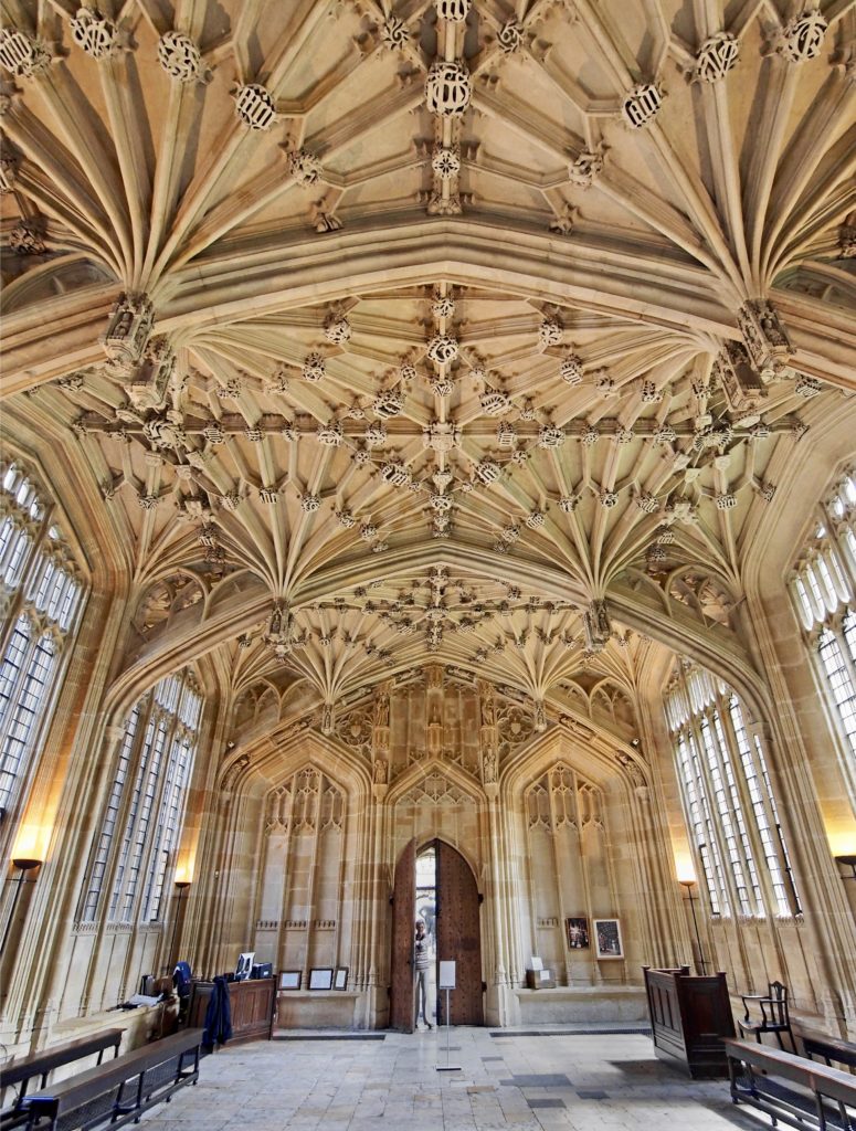the carved Gothic ceiling of the Divinity School in Bodleian Library 