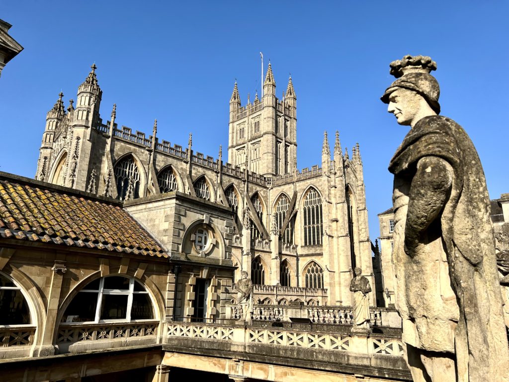 view of Bath Abbey from the Roman Baths