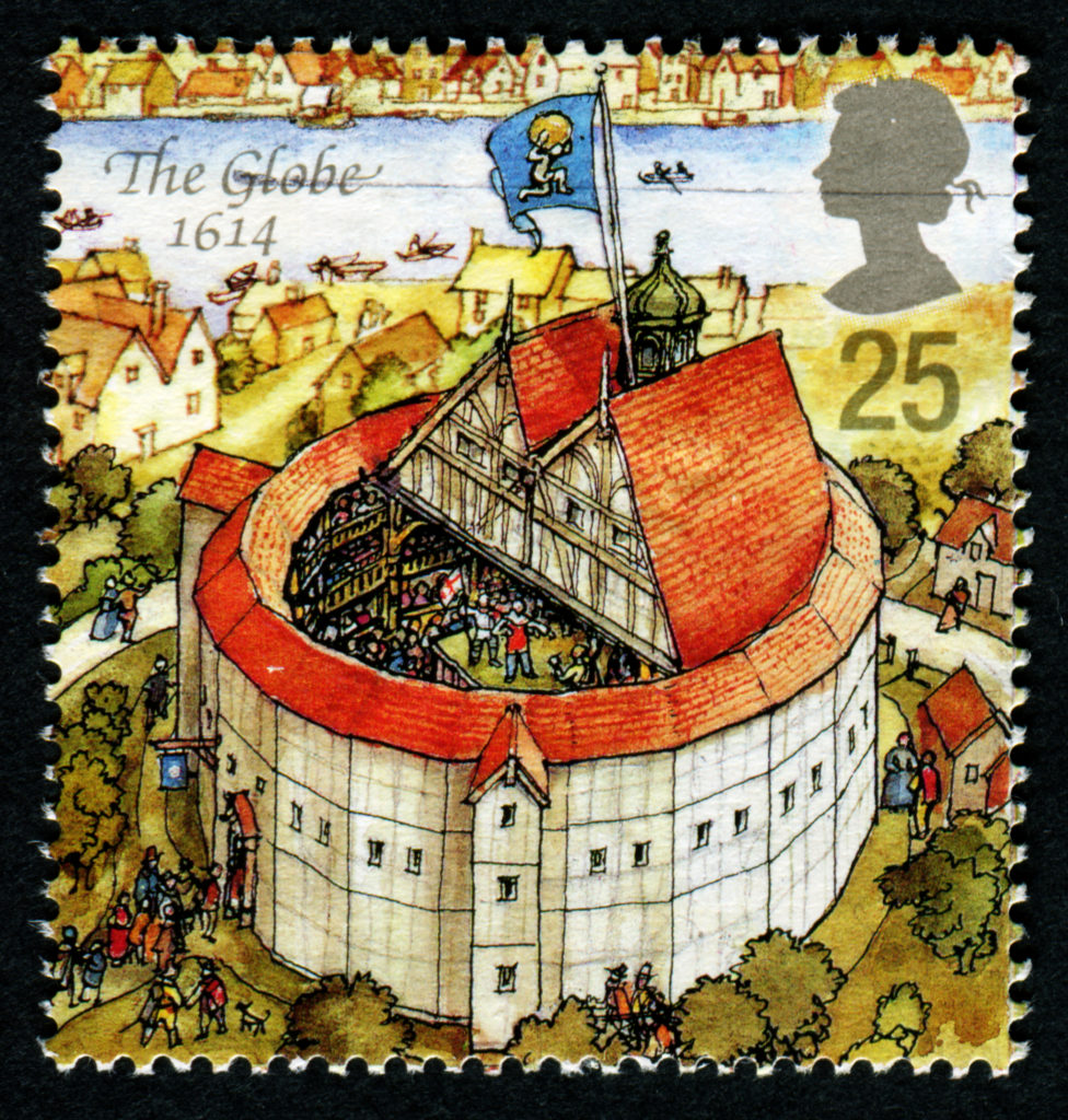 stamp printed in Great Britain dedicated to theater reconstruction, 1614