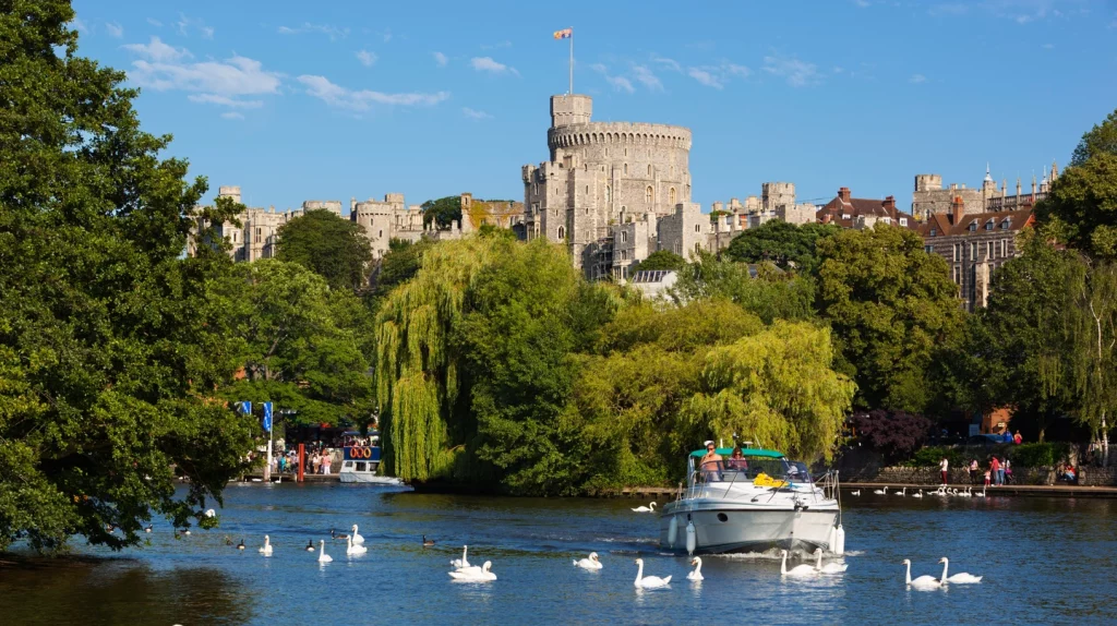 view of Windsor Castle on the Thames River