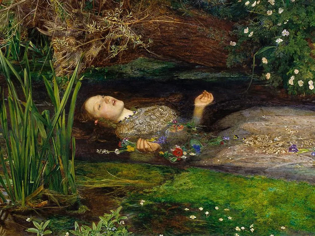 detail of Millais' Ophelia, an iconic Pre-Raphaelite painting