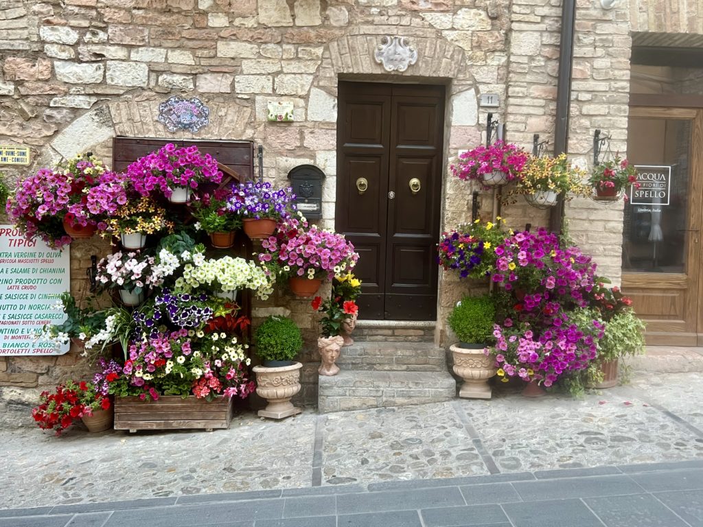 flower lined street in Spello