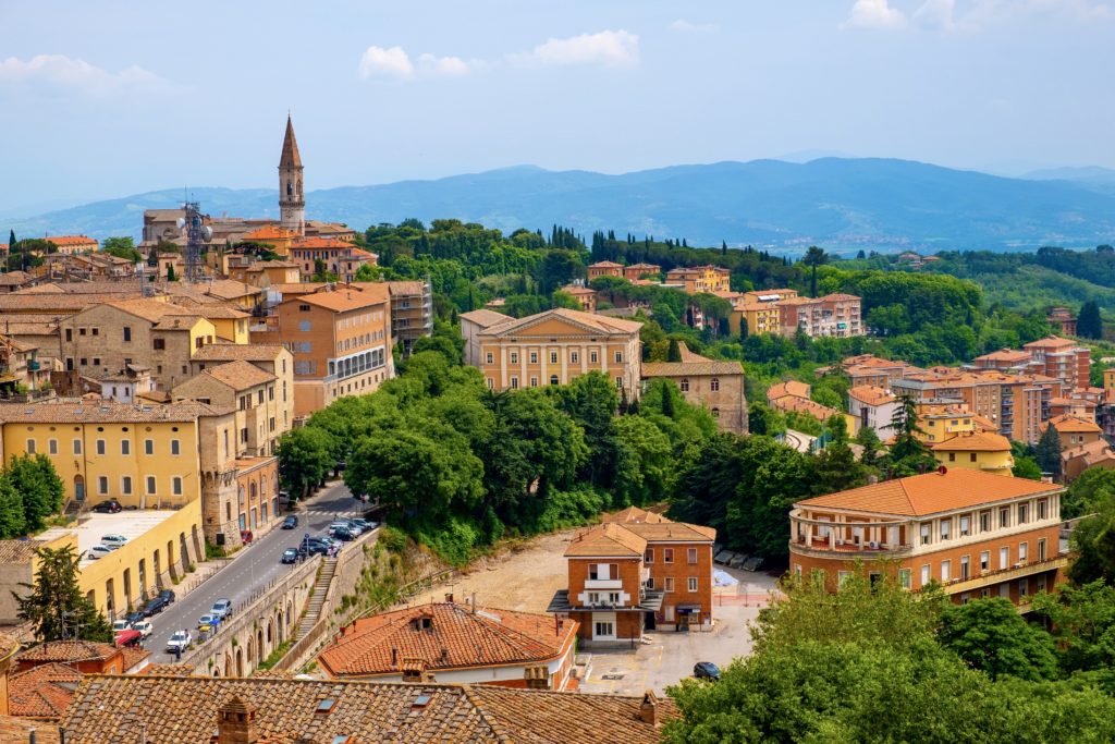 panoramic view of Perugia with St. Peter Church and Abbey