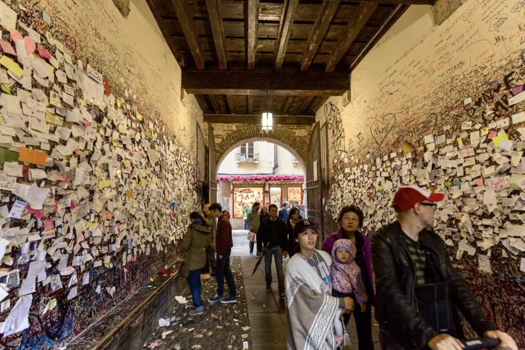 Juliet's wall covered with love messages near Juliet House