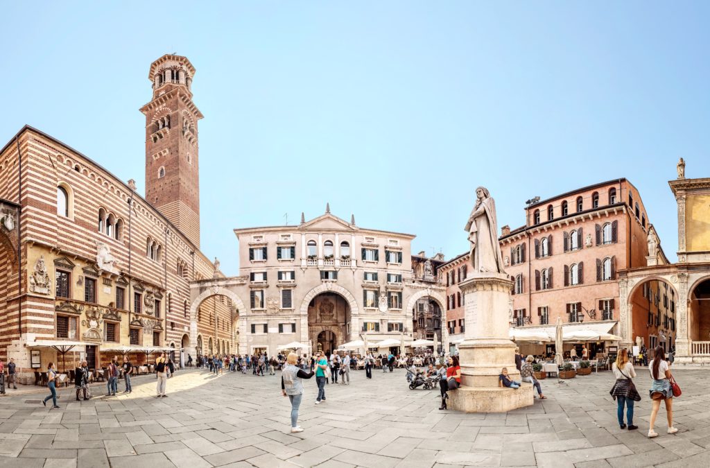Piazza Erbe and the Lamberti tower in Verona