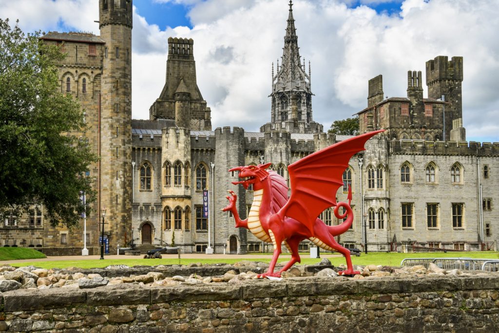 red dragon sculpture on the grounds of Cardiff Castle