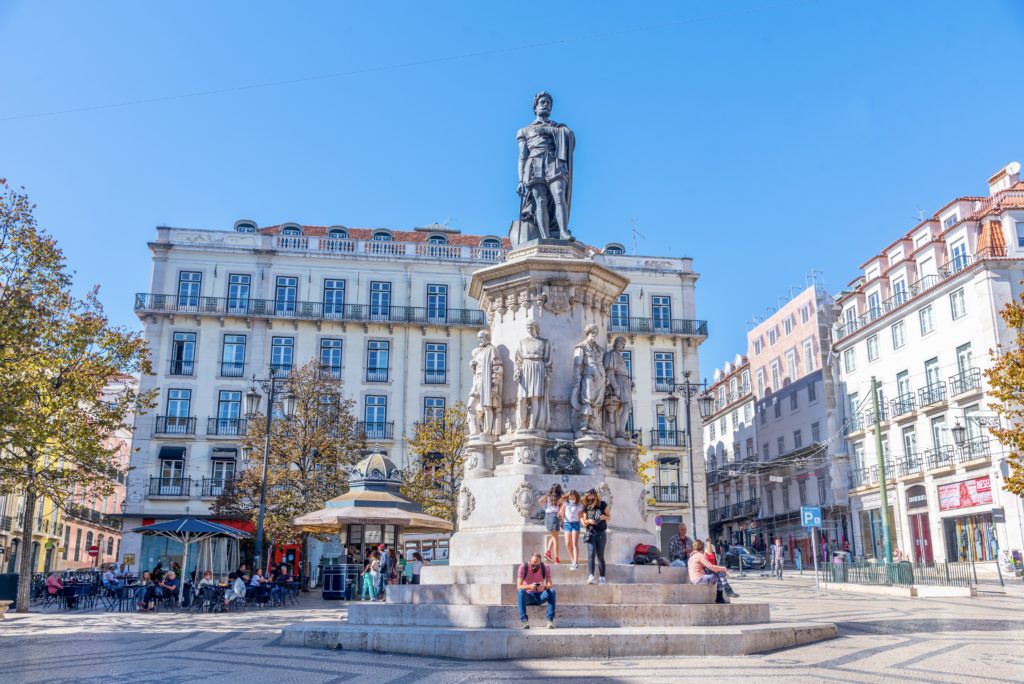 Camoes Square, which marks the transition between Chiado and Bairro Alto