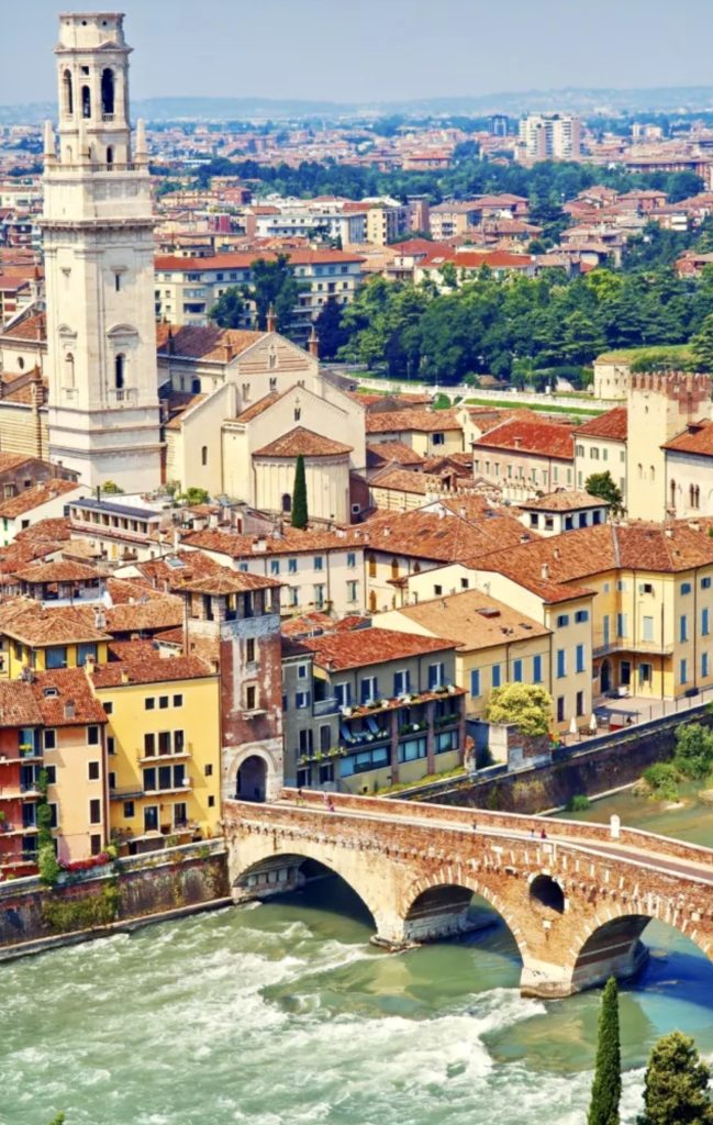 aerial view of Verona and the Ponte Pietra