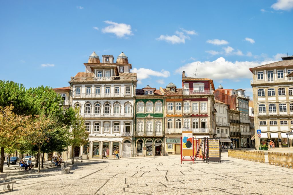 pretty facades in the central square of Guimaraes called Largo do Toural