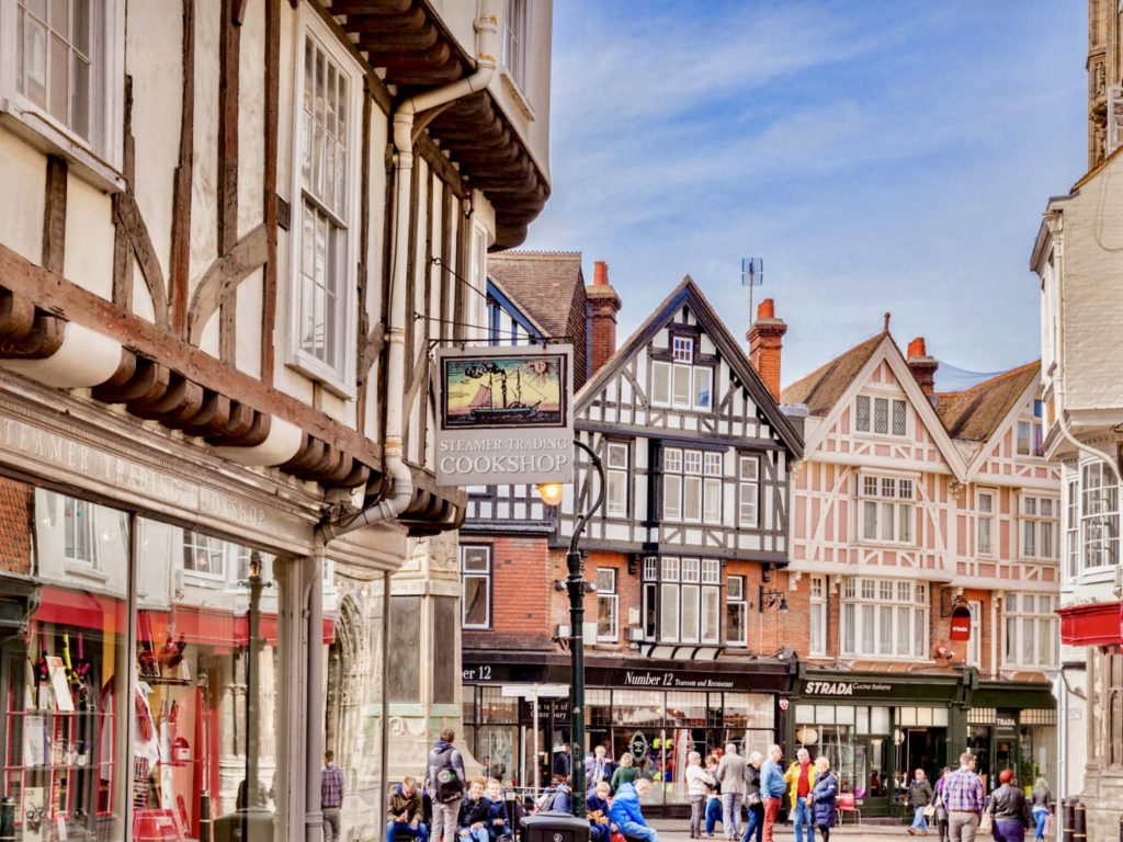 historic town center of Canterbury with half timbered buildings