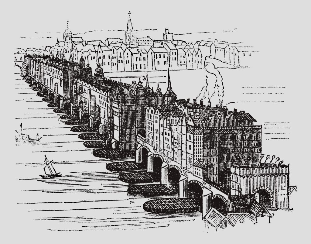 Medieval London Bridge: vintage engraved illustration from the Trousset encyclopedia (1886 - 1891)