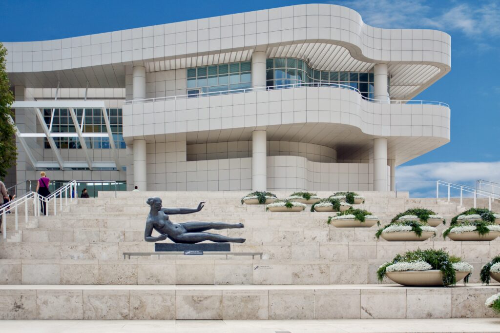 exterior of Getty Center with Maillol sculpture on the steps
